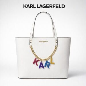 Karl Lagerfeld Paris Maybelle Tote Bag White Gold Chain Charm NWOT